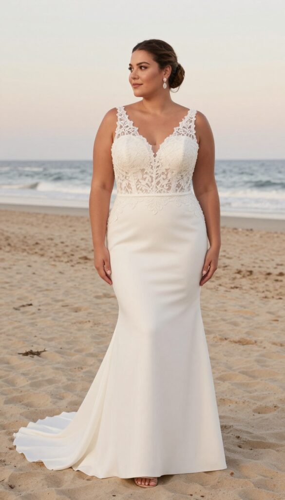 Plus size woman in mermaid wedding dress with illusion back on beach at sunset