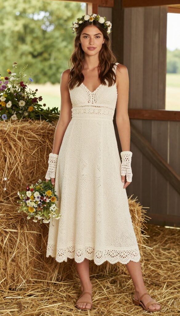 Woman in boho crochet wedding dress with crochet wristlet gloves in barn