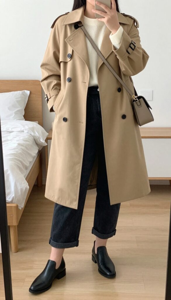 Woman in black jeans, trench coat, and ankle boots with crossbody bag
