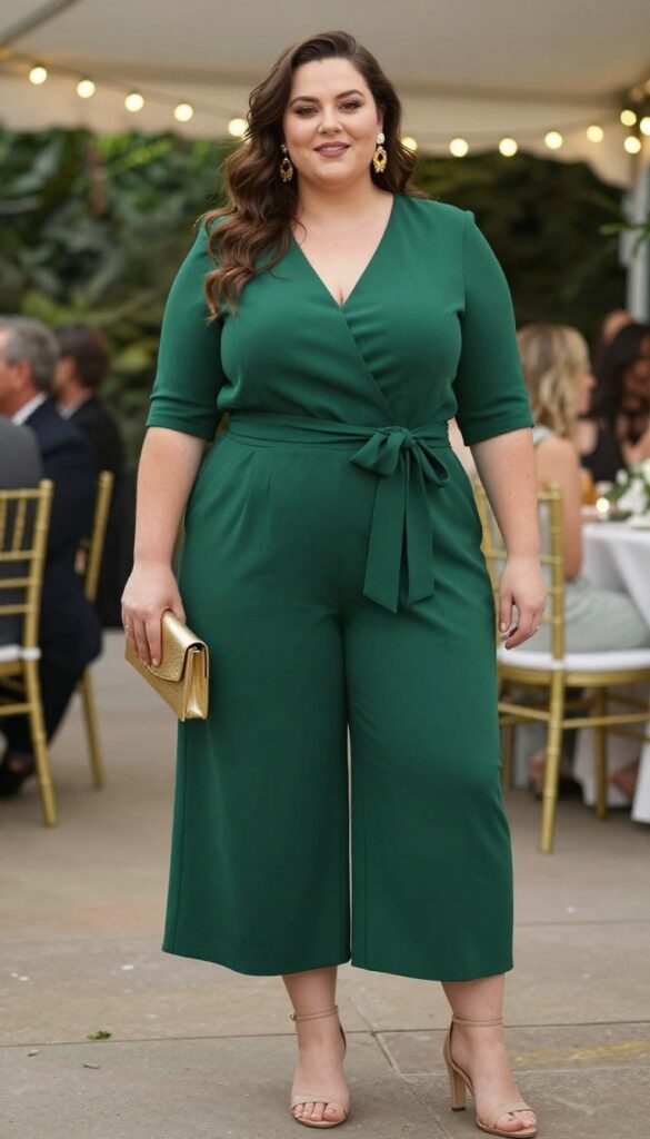 Plus-size woman in emerald green wide-leg jumpsuit with belt and gold accessories at evening wedding reception
