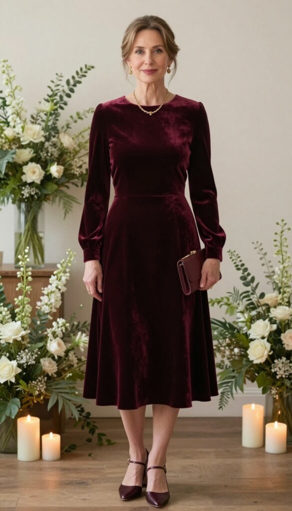 Mother of the bride in burgundy velvet A-line dress with long sleeves, gold accessories, and block heels, standing in a warmly lit venue with sage green decor.
