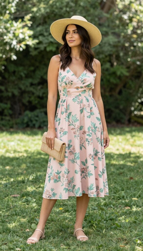 Woman in floral midi dress with wide-brim straw hat and strappy sandals at garden wedding reception