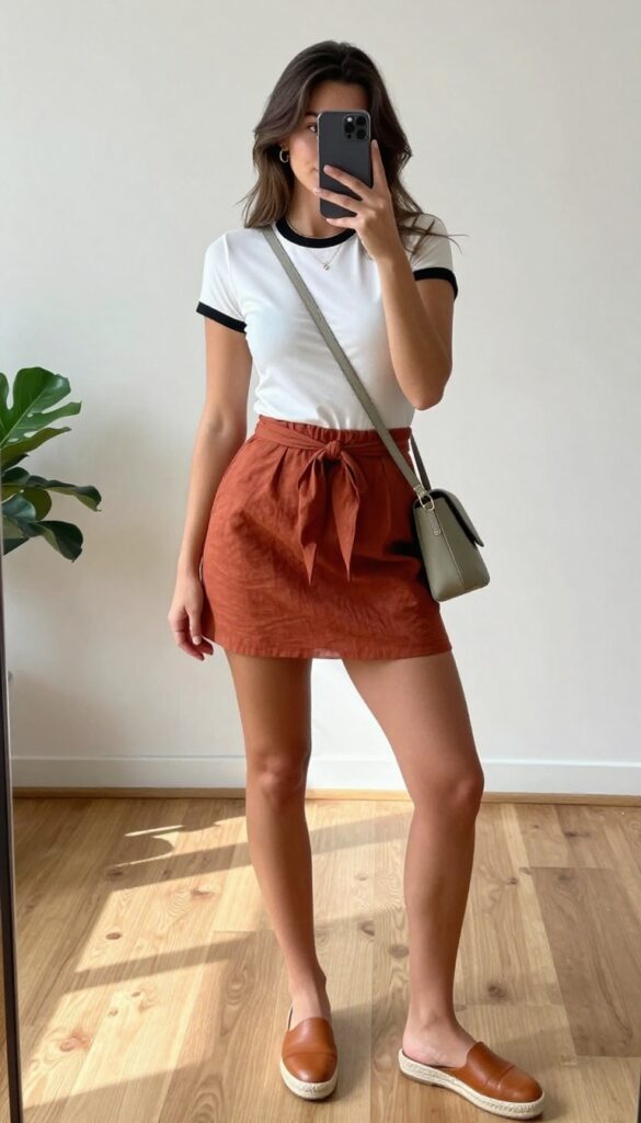 Woman taking a mirror selfie wearing a flowy maxi skirt and fitted tee, with flat sandals and crossbody bag, in a bright room with natural light.