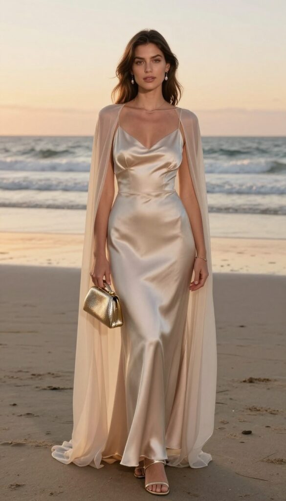 Woman in champagne empire waist dress with sheer capelet on beach at sunset