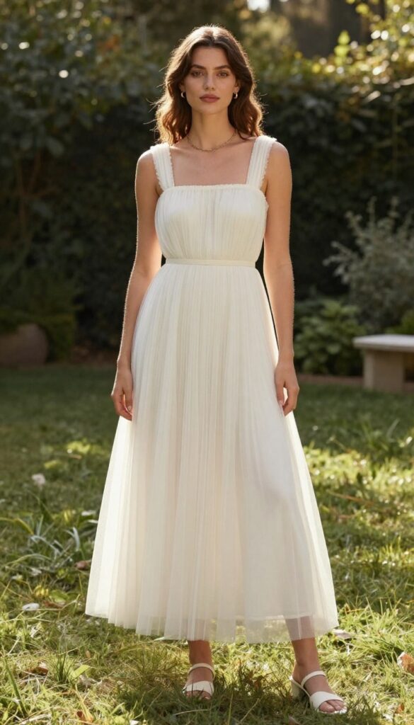 Boho bride with square neckline tulle dress, minimal gold jewelry, and bare shoulders in a garden