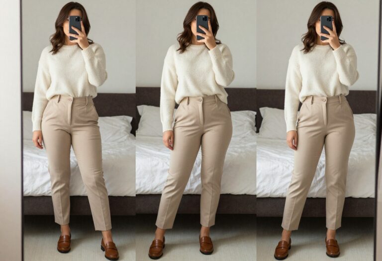 Woman taking a mirror selfie wearing a cream knit sweater and beige tailored trousers for a comfy business casual look.