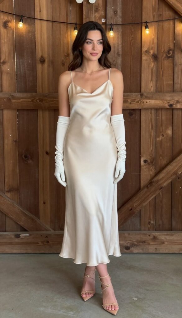 Young adult woman in champagne satin slip dress with opera-length satin gloves at evening barn wedding, standing in rustic barn with string lights and wooden beams, natural body proportions, realistic Instagram-style photo.