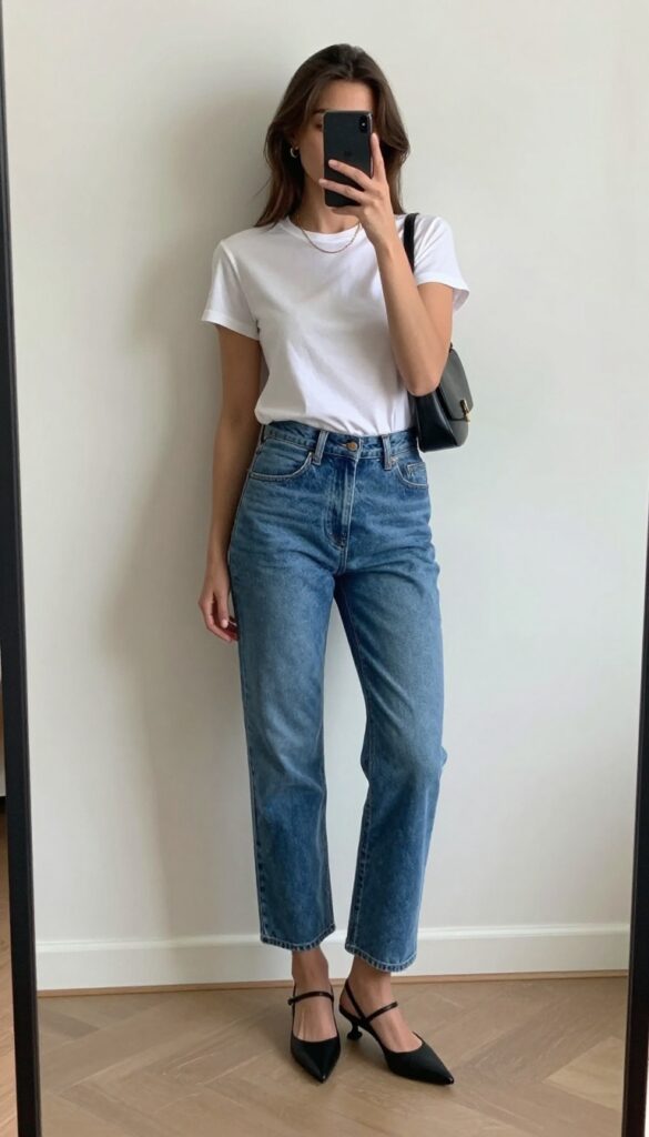 A woman in a mirror selfie wearing straight-leg jeans, a white tee, and black kitten heels, with a small black bag, in a bright room.