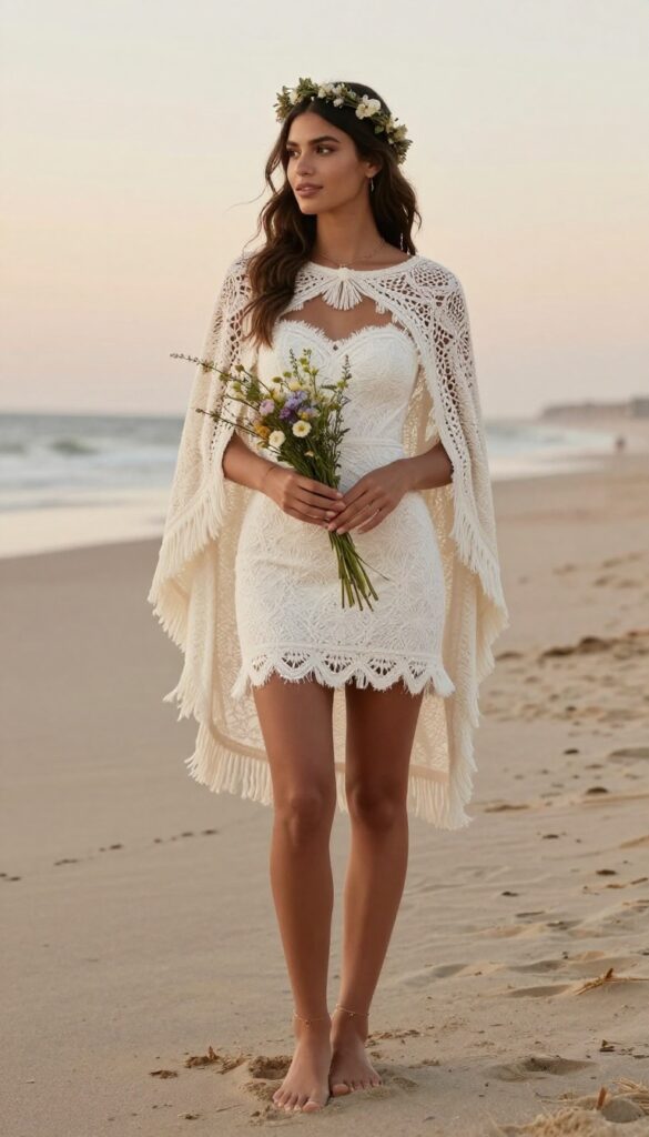 Strapless boho wedding dress with fringed cape on beach at sunset