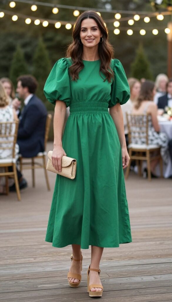 Woman in emerald green smocked bodice midi dress with puff sleeves and flowy skirt, tan platform sandals, woven clutch, at outdoor evening wedding reception with string lights.