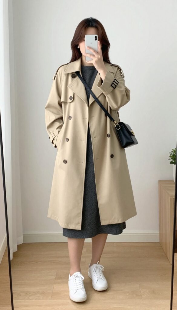 Woman in trench coat, knit dress, and sneakers taking a mirror selfie in a bedroom, phone partially covering her face.