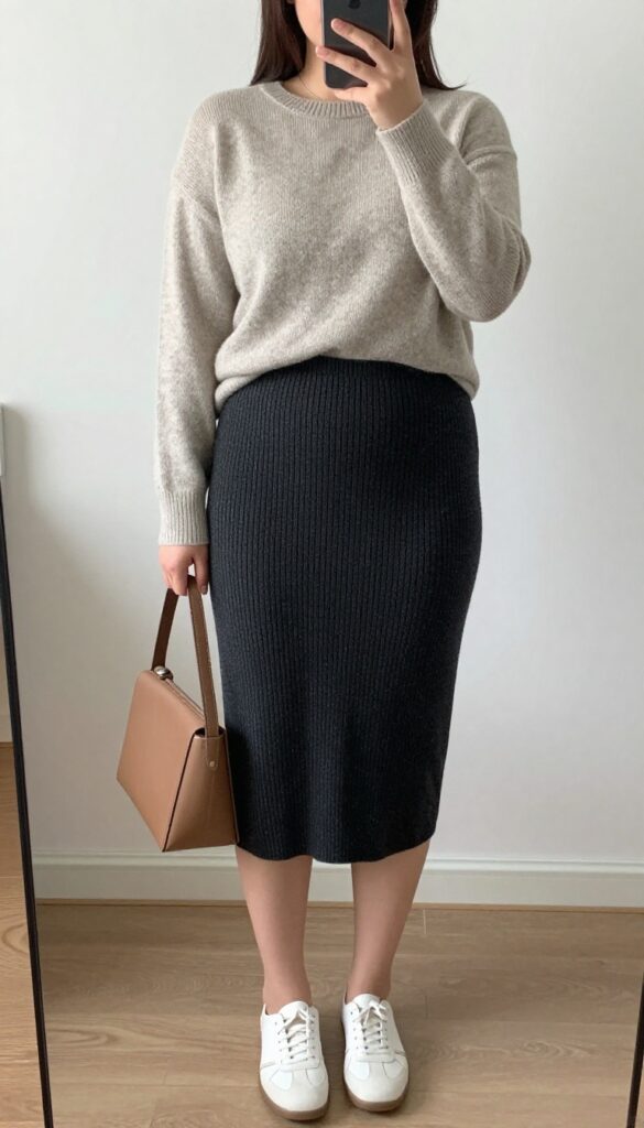 Pregnant woman in ribbed midi skirt and soft sweater, front-tucked, with sneakers and crossbody bag, mirror selfie.