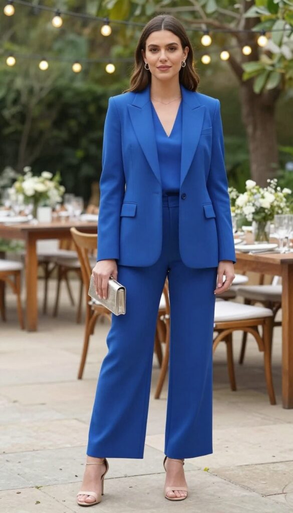 Woman in monochrome electric blue blazer, shell top, and wide-leg trousers with nude heels and metallic clutch at outdoor wedding reception
