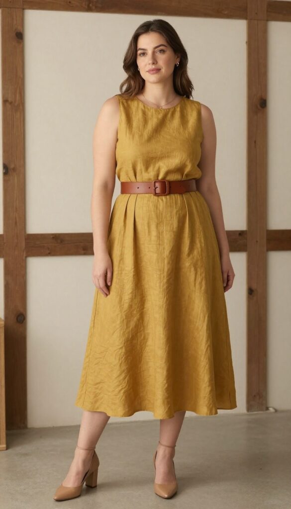 Woman in mustard A-line dress with cognac belt and nude heels in rustic barn