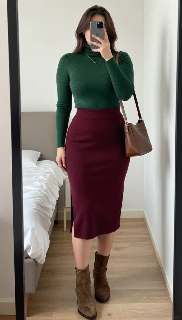 Woman in jewel-toned knit midi skirt and turtleneck with suede ankle boots, holding leather tote, standing in office or evening setting.