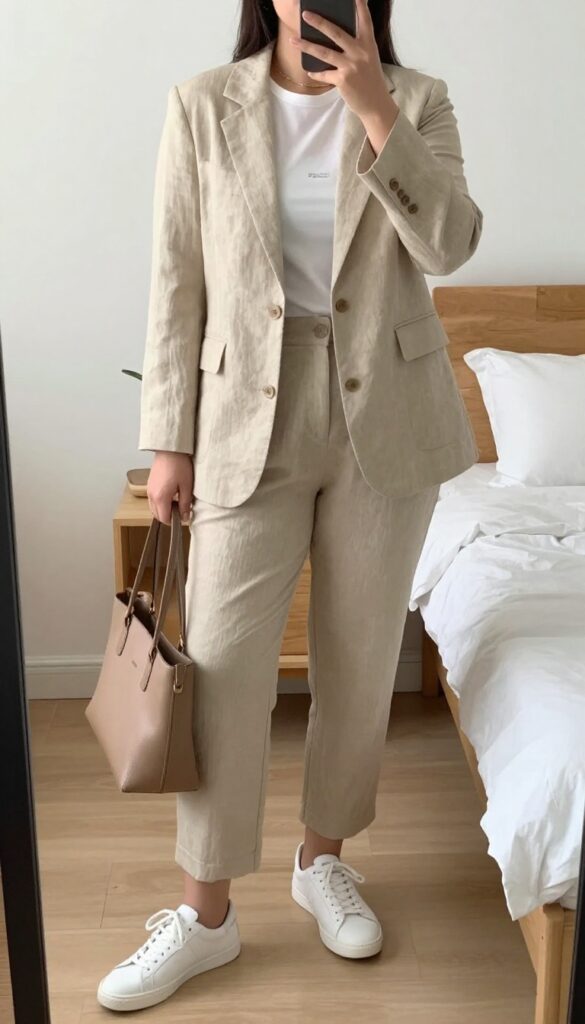Woman in sand linen blazer, tucked graphic tee, cropped trousers, and white sneakers standing in a bright office