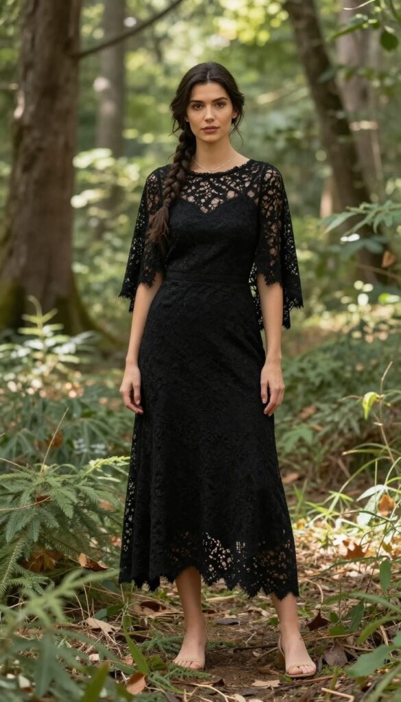 Woman in black lace wedding dress with cape sleeves in forest