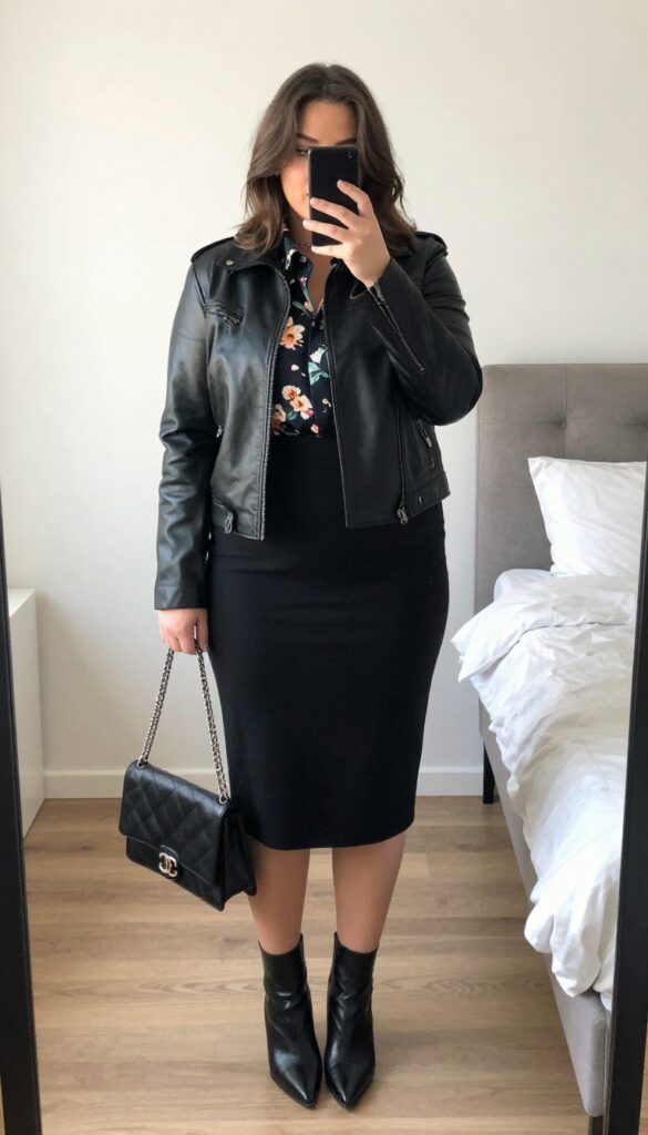 Plus size woman in leather jacket, printed blouse, and pencil skirt for business casual outfit idea