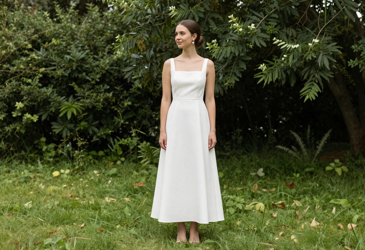 Woman in square neck wedding dress with pearl earrings and nude heels in garden