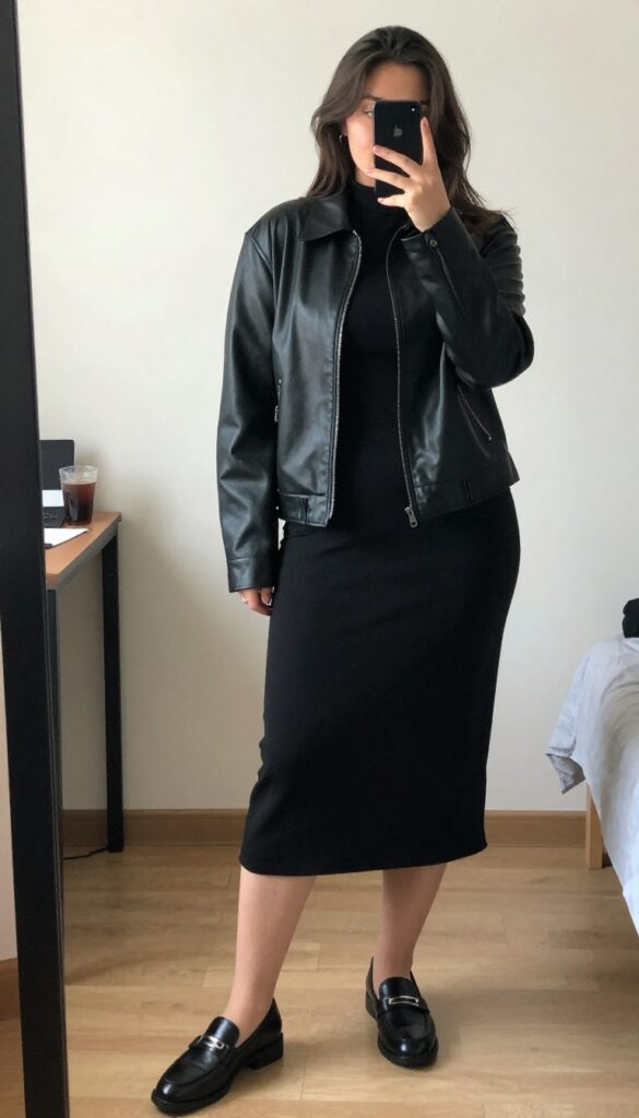A woman in a black midi dress and cropped leather jacket, posing in a mirror selfie, with black loafers visible.