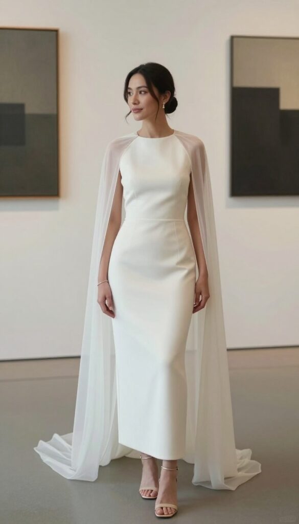 Woman in high-neck sheath wedding dress with cape veil at modern art museum