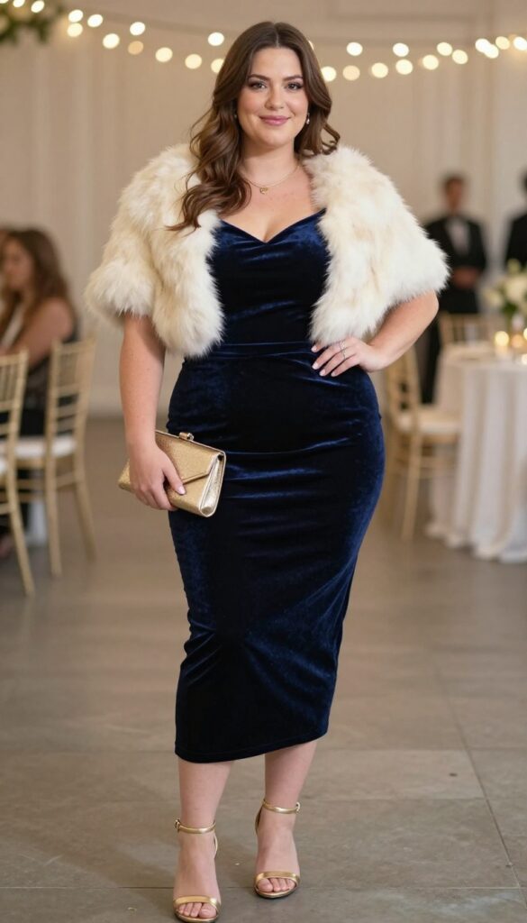 Plus-size woman in velvet bodycon dress and faux fur stole at evening wedding
