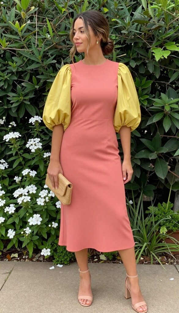 Woman in coral pink midi dress with butter yellow puff sleeves, nude block heels, and woven clutch in garden