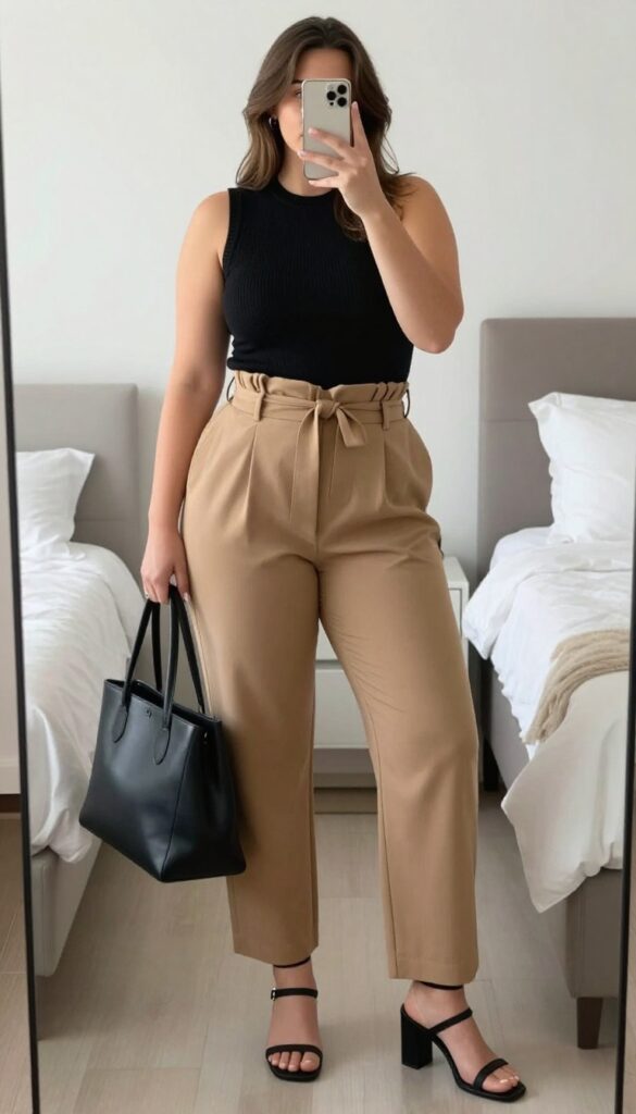Woman wearing paperbag waist pants and a fitted top, standing in a bright office setting, holding a structured tote.