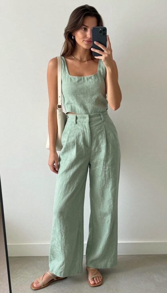Woman in sage green matching two-piece set with square-neck crop top and wide-leg trousers, posing in mirror selfie in bright indoor setting with natural light, wearing gold jewelry and tan sandals.
