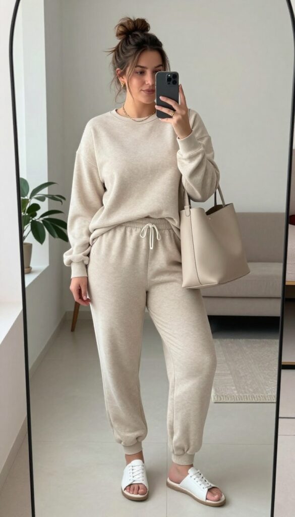 Plus-size woman in a matching neutral lounge set taking a mirror selfie, wearing white sneakers and simple gold jewelry, with a messy bun and natural makeup, in a bright room.