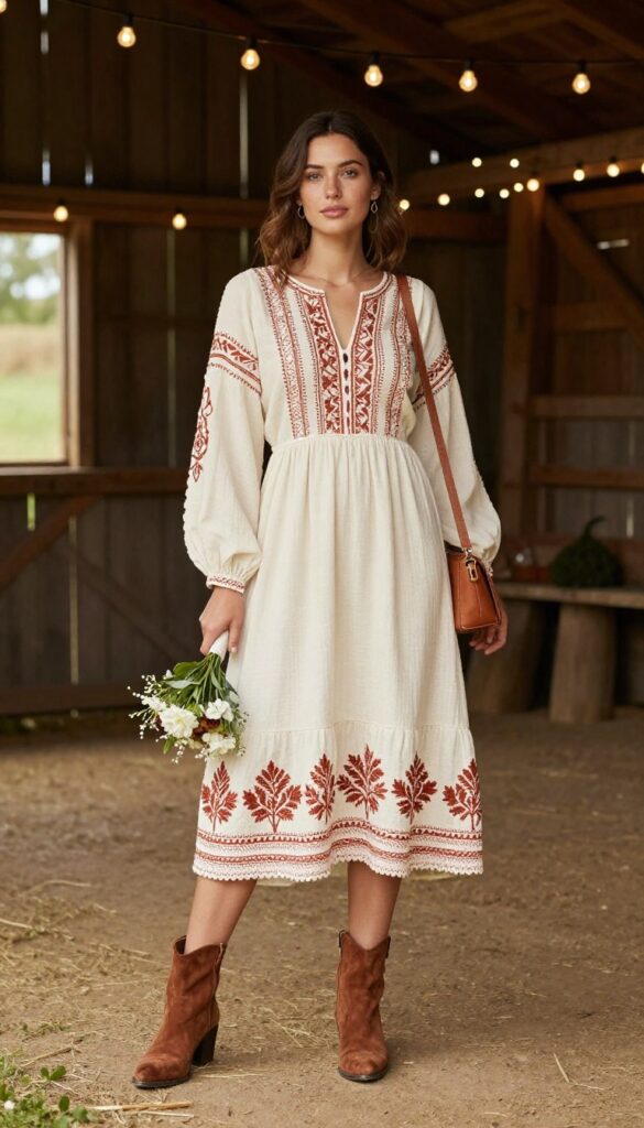 Embroidered bohemian dress in cream and rust tones with brown suede ankle boots, rustic barn setting with string lights, small bouquet, natural lighting, full-length shot.