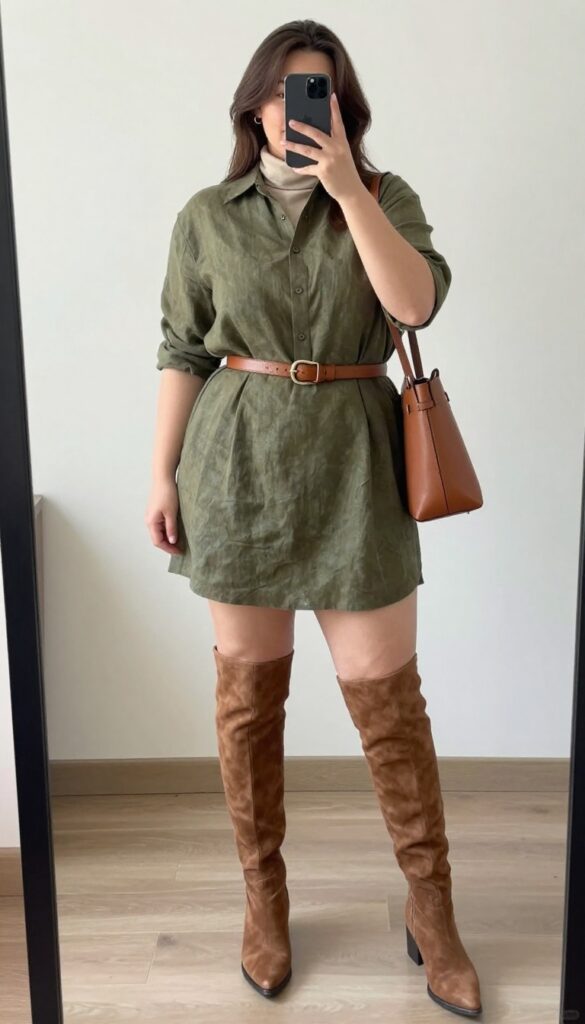 A woman in a linen shirt dress with a turtleneck underneath, belted at the waist, wearing knee-high boots and carrying a tote bag.