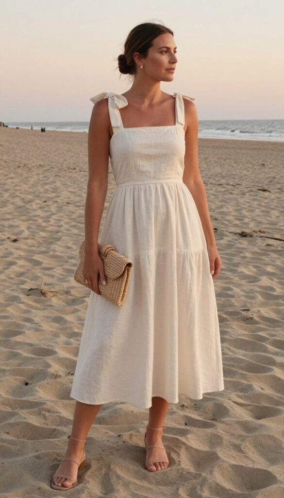 Woman in ivory cotton dress with linen bow at shoulder, nude sandals, woven clutch, gold stud earrings, low bun, on beach at sunset.