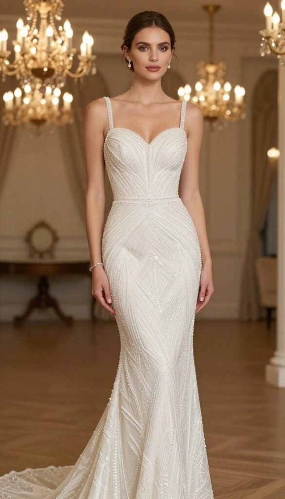 Woman in embellished mermaid wedding gown with geometric beading, standing in a ballroom with chandeliers.