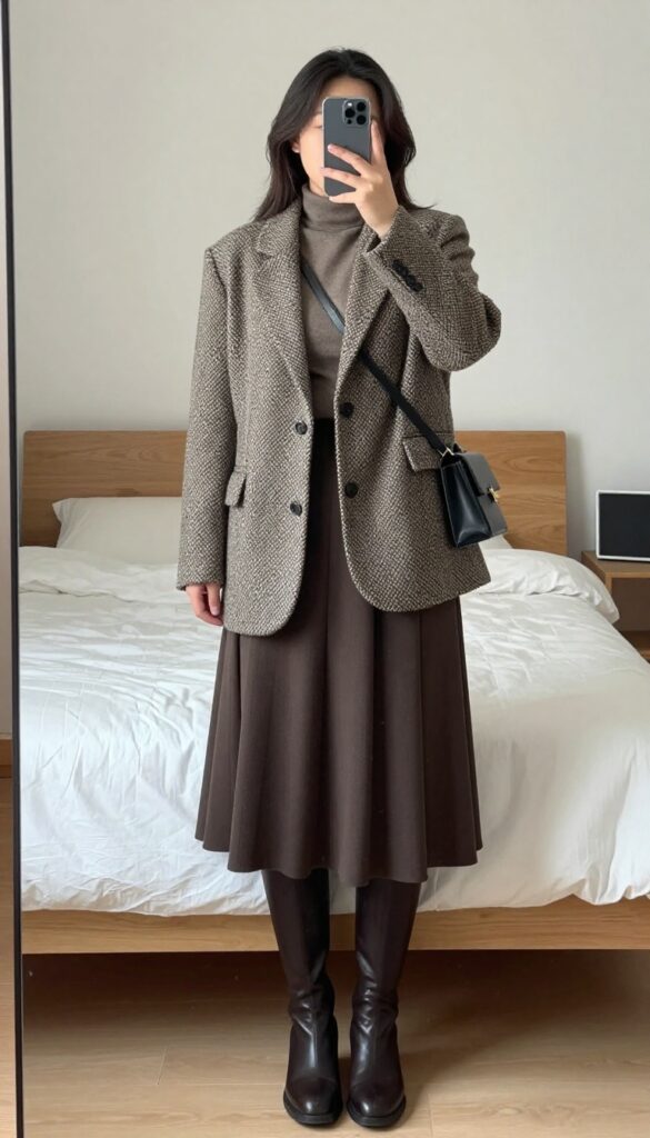 A woman in a tweed blazer, turtleneck, and pleated skirt with knee-high boots, taking a mirror selfie in a bedroom.
