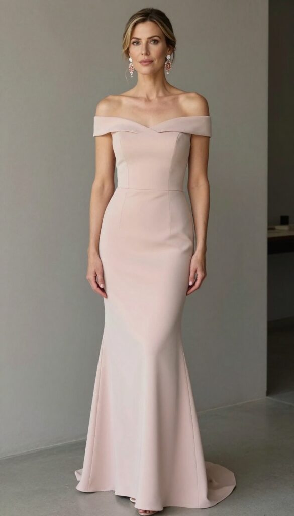 Bride in blush mermaid gown with off-shoulder neckline and chandelier earrings at evening wedding reception