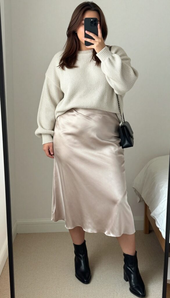 Woman in chunky knit sweater and midi slip skirt, ankle boots, chain bag, mirror selfie