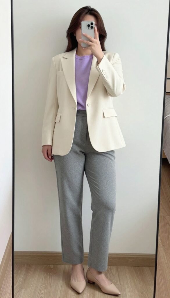 Woman in cream blazer, lavender sweater, and gray wool pants posing in a mirror selfie, partially covering face with phone.