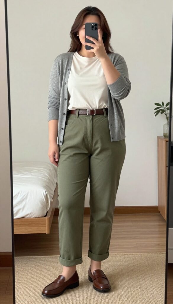 A woman in a gray cardigan, olive chinos, and brown loafers, posing in a mirror selfie, phone partially covering her face.