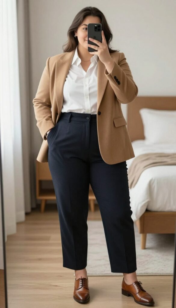 A woman in a camel cashmere blazer, white button-down shirt, and tapered trousers, standing in a bright office setting.