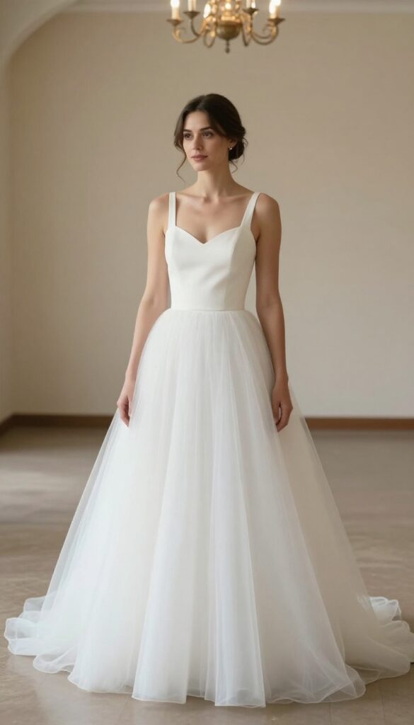 Bride in white ballgown with statement back detail, standing in neutral ballroom, looking over shoulder with slight smile.
