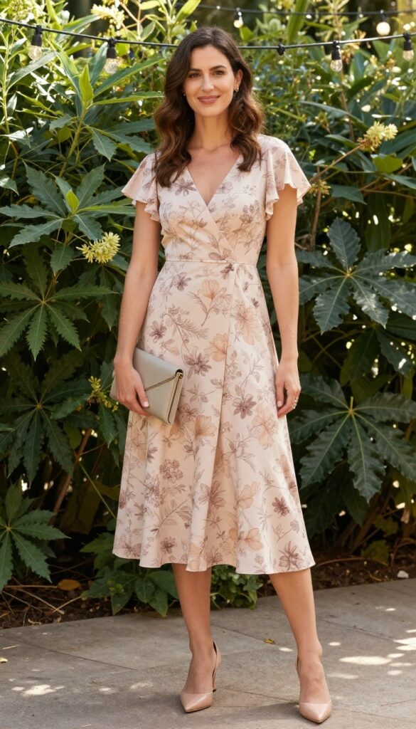Woman in floral fit-and-flare midi dress with nude kitten heels and clutch in garden