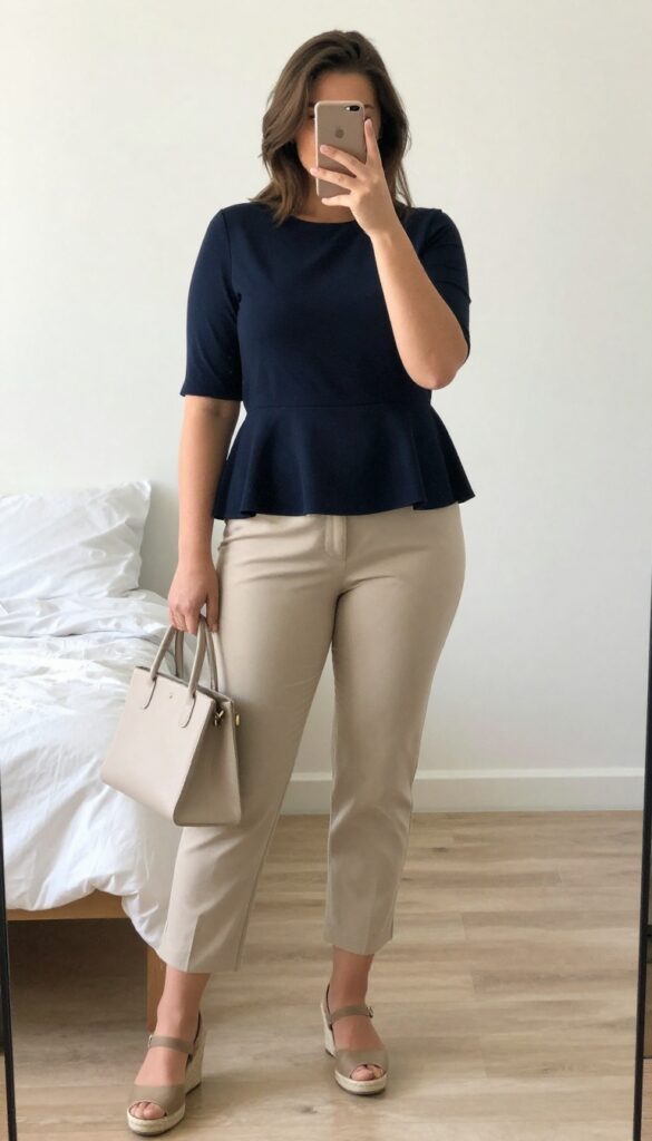 Plus size woman in navy peplum top and beige cropped trousers with espadrilles, business casual outfit