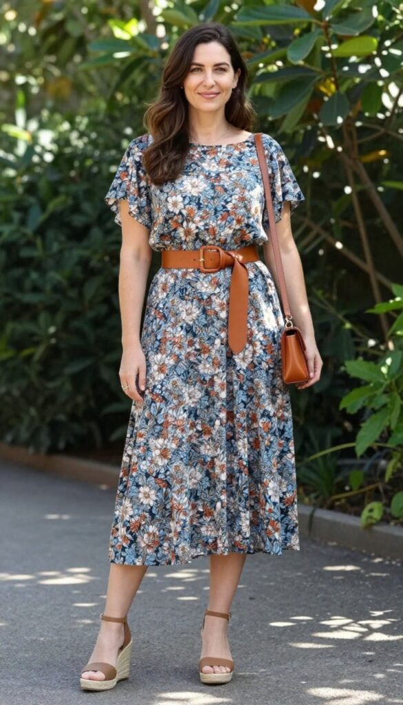 Woman in floral boatneck maxi dress with wide tan belt, espadrille wedges, and crossbody bag in garden