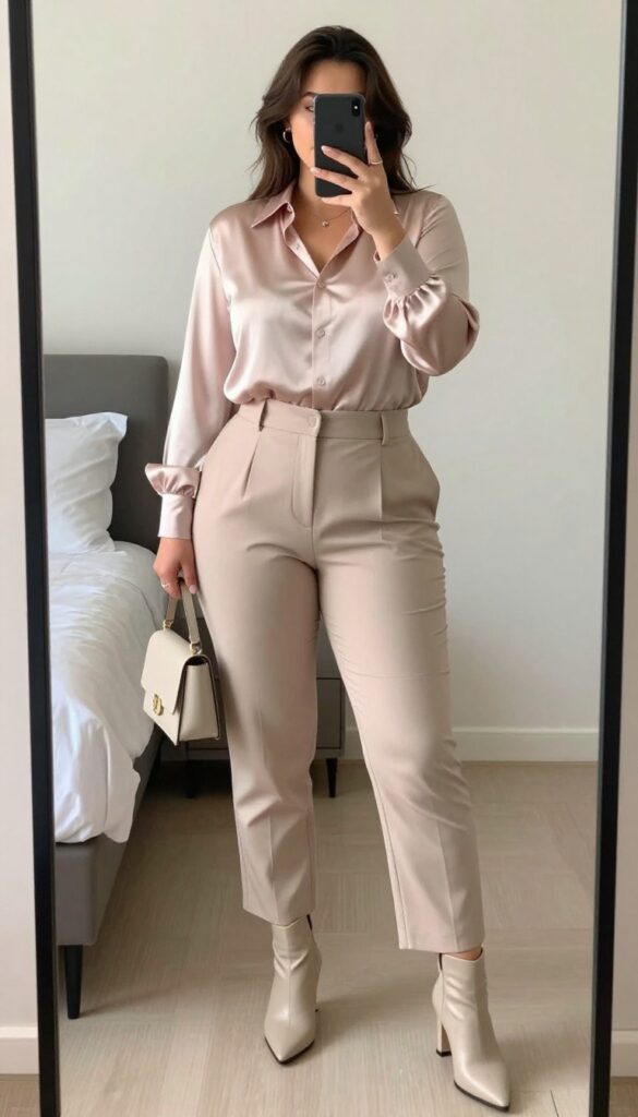 A petite woman in a tucked silk blouse and pleated mid-rise trousers, wearing heeled ankle boots and a small crossbody bag, standing in a restaurant setting.