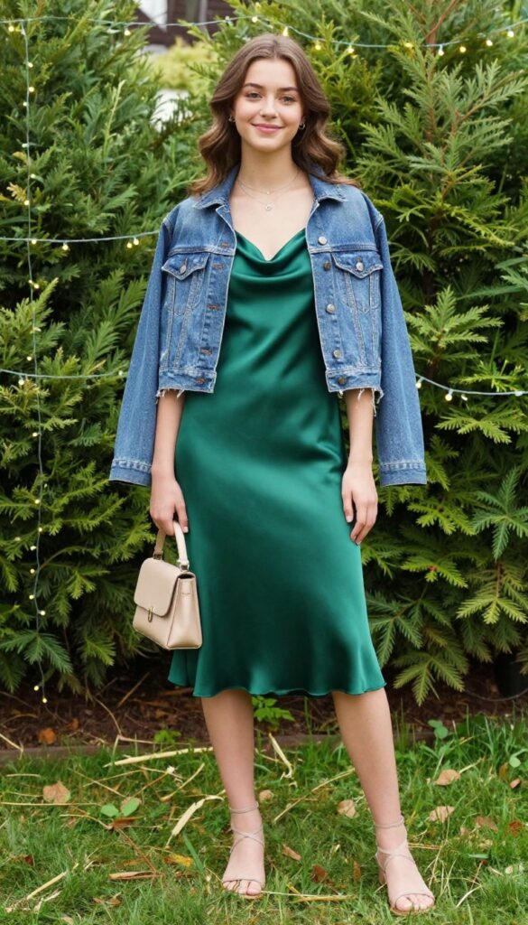 Teen girl in emerald satin slip dress with denim jacket and strappy sandals in garden