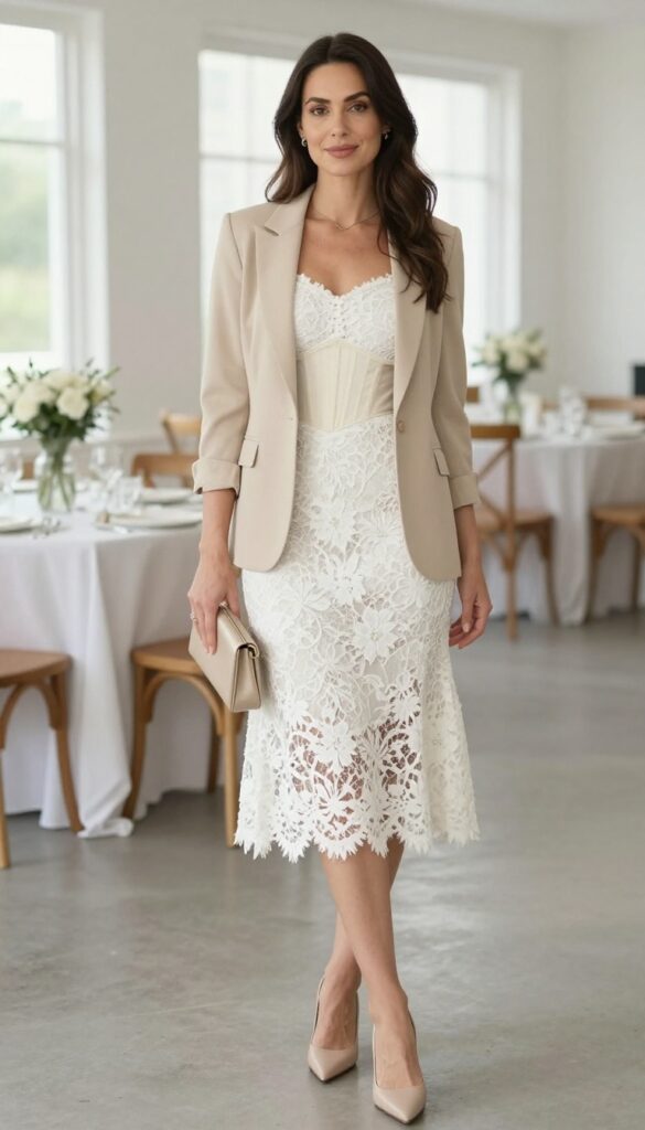 Woman wearing white floral lace midi dress with fitted ivory corset and unbuttoned beige tailored blazer, holding neutral clutch, standing in bright airy room