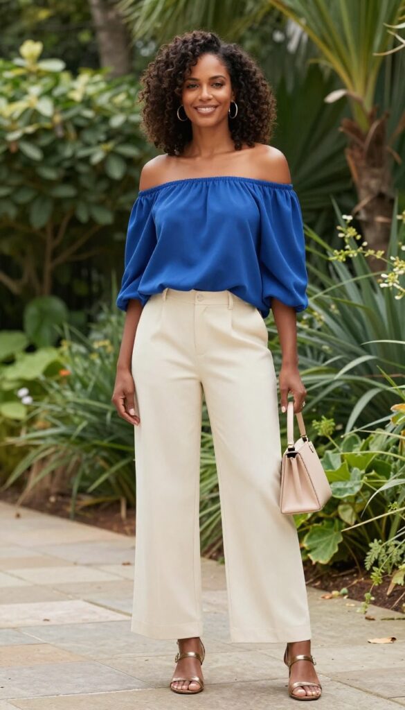 Dark-skinned woman in royal blue off-shoulder top and cream wide-leg trousers, gold hoops, metallic sandals, in garden.