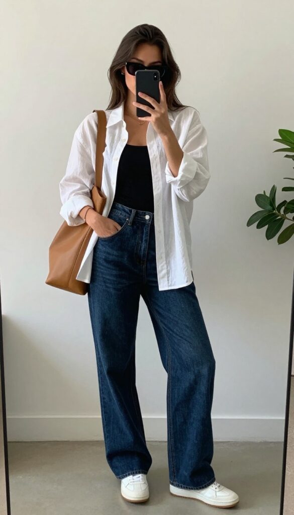 Woman taking a mirror selfie wearing an oversized white linen button-down shirt over a black tank top, medium wash wide leg jeans, chunky white sneakers, and a tan slouchy shoulder bag, with sunglasses and rolled-up sleeves, in a bright, minimal room.