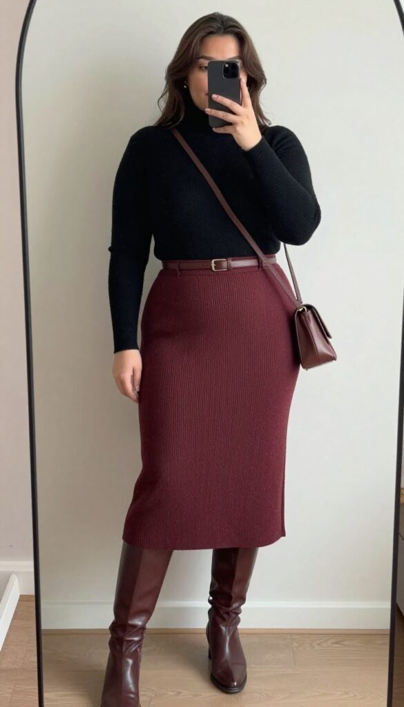 A woman wearing a fitted turtleneck and an A-line midi skirt, with a belt and boots, in a business casual setting.